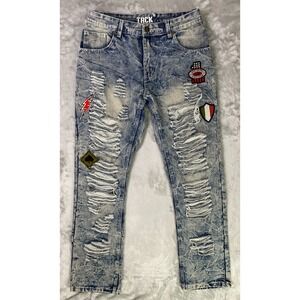 True Rock Distressed Jeans Mens 34 Blue‎ Acid Wash Patchwork Streetwear Denim
